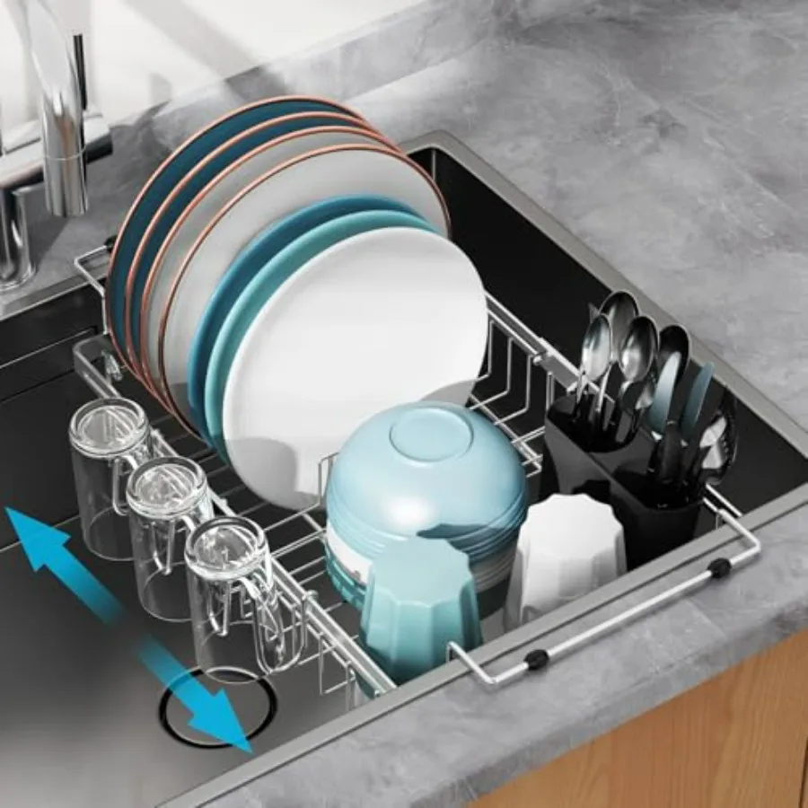 

Expandable in Sink Dish Drying Rack - Capacity Adjustable Stainless Steel Over The Sink Dish Drainer with 2 Cup Holder and Utens