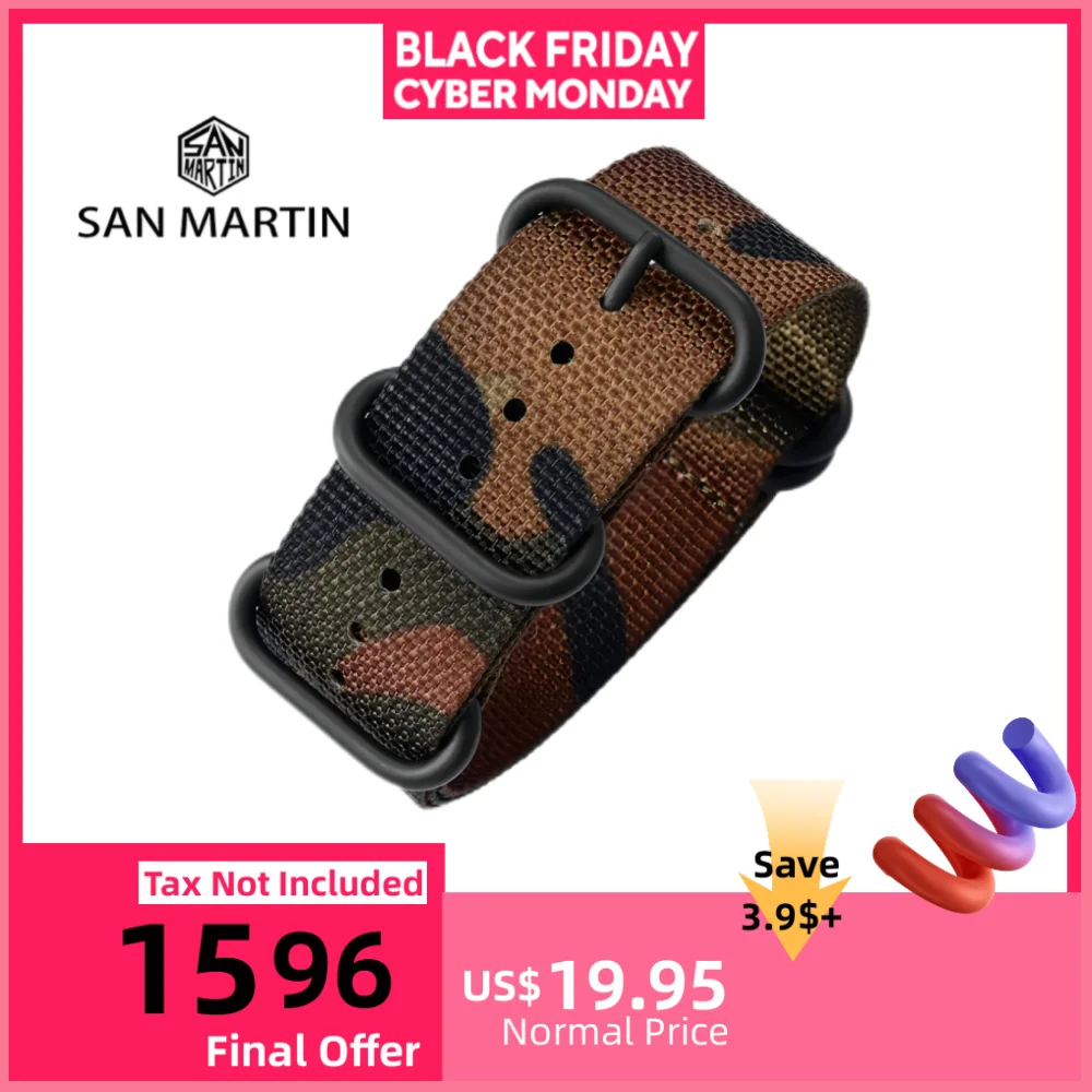 

San Martin военный нейлоновый ремешок для часов 20 мм 24 мм ремешок для часов дышащий парусиновый ремешок на запястье армейский зеленый камуфляжный ремень с пряжкой