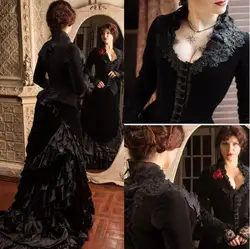 Victorian Wedding Dress Black Bustle velvet  Historical Medieval Gothic Bridal Gowns High Neck Long Sleeves Corset Winter Cospla