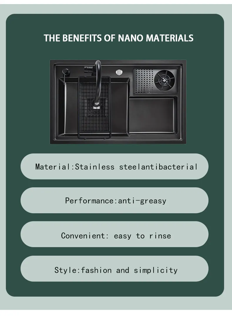 มัลติฟังก์ชั่นสีดํานาโนสแตนเลสขนาดใหญ่อ่างล้างจานขั้นตอนสูงและต่ําถ้วยเครื่องซักผ้าอ่างล้างจาน