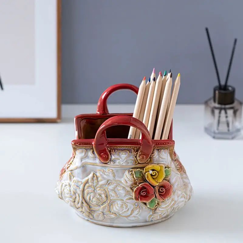 

Handmade Ceramic Rose Relief Storage Bag - Textured Floral Vase & Home Decor Planter, Artistic Woven Accent