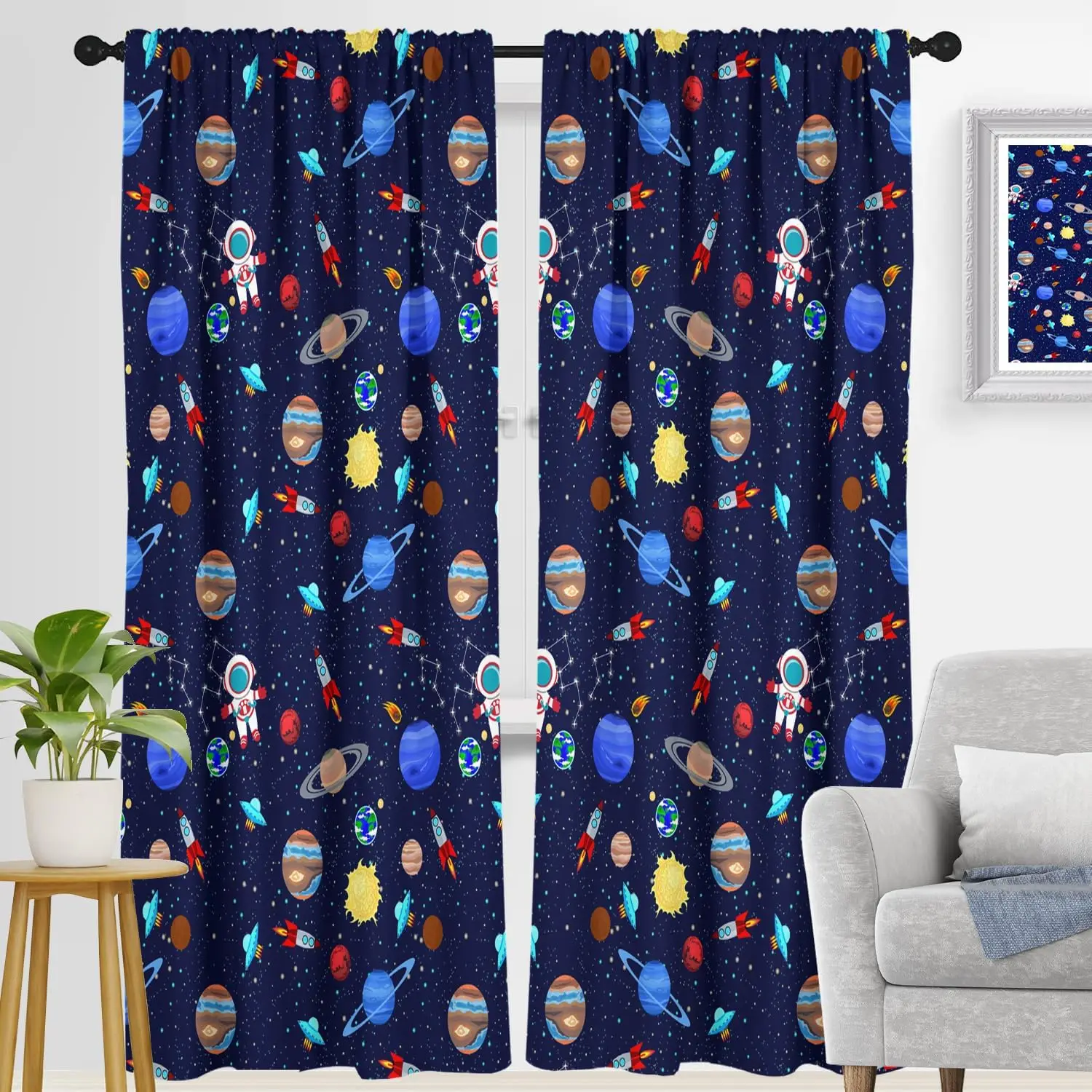 Kids Boys Window Curtain Long Galaxy Outer Space Playroom Spaceman Planets Theme Solar System Astronaut Blue Cartoon for Bedroom