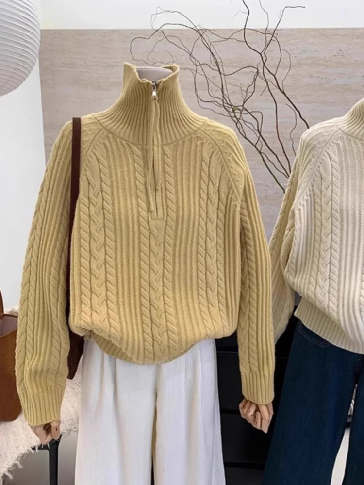 سترة نصف سحاب برقبة عالية للنساء في الخريف والشتاء، مع ياقة برتقالية يقطين وبلوزة فضفاضة سميكة