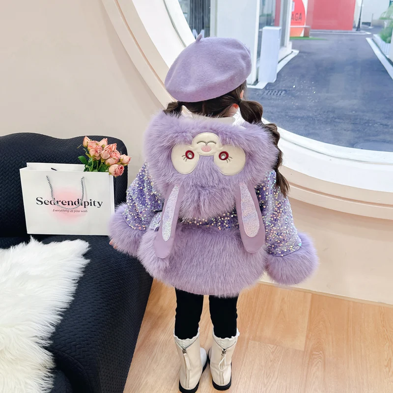 2023 new winter girl padded sequined fur plus velvet coat rabbit hooded design diamond accessories girl cotton-padded jacket.