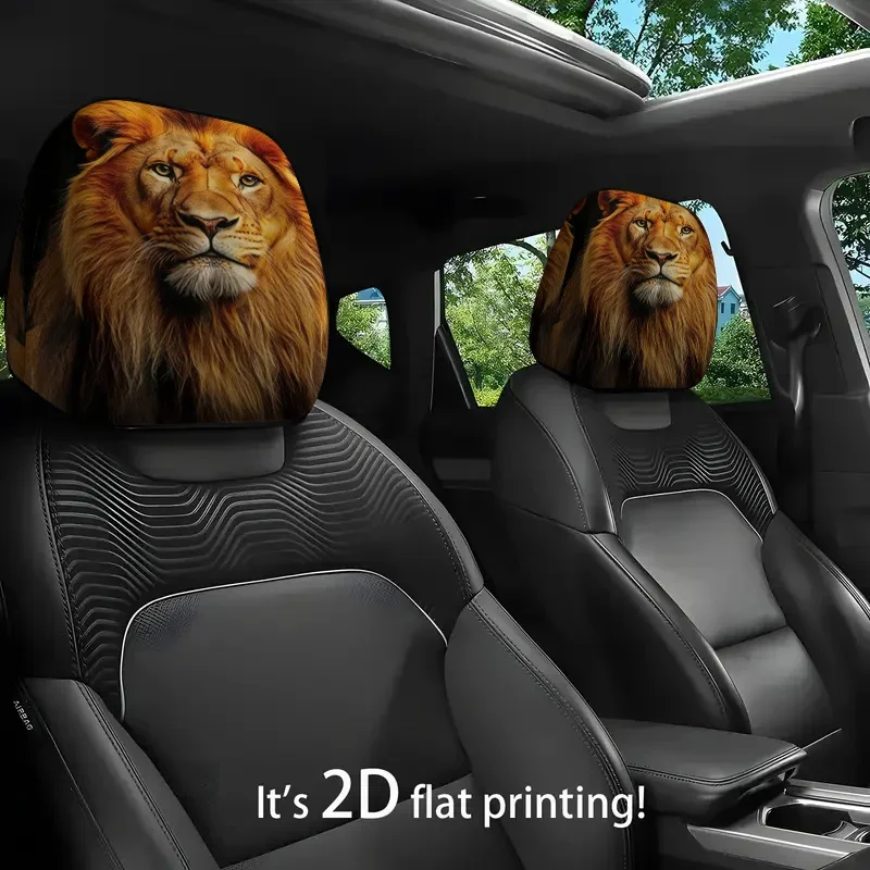 2pcs Lion Portrait Print Car Headrest Cover 2D Flat Suitable For Travel Daily Commuting Car Interior Decoration Fashion Holiday