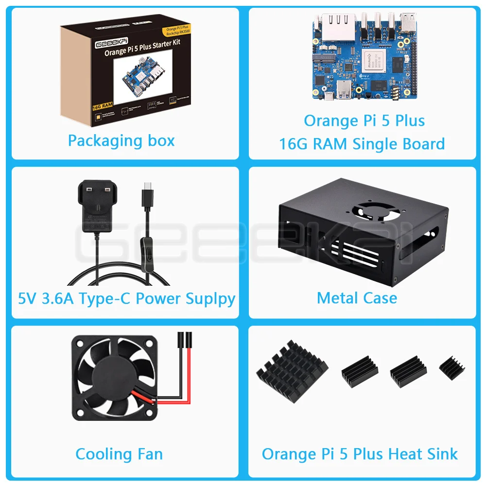 Imagem -06 - Geeekpi Orange pi Plus com Soquete Emmc Caixa de Metal Opi Plus 5v 3.6a Psu Ventilador 40 mm Dissipadores de Alumínio 16gb Peças