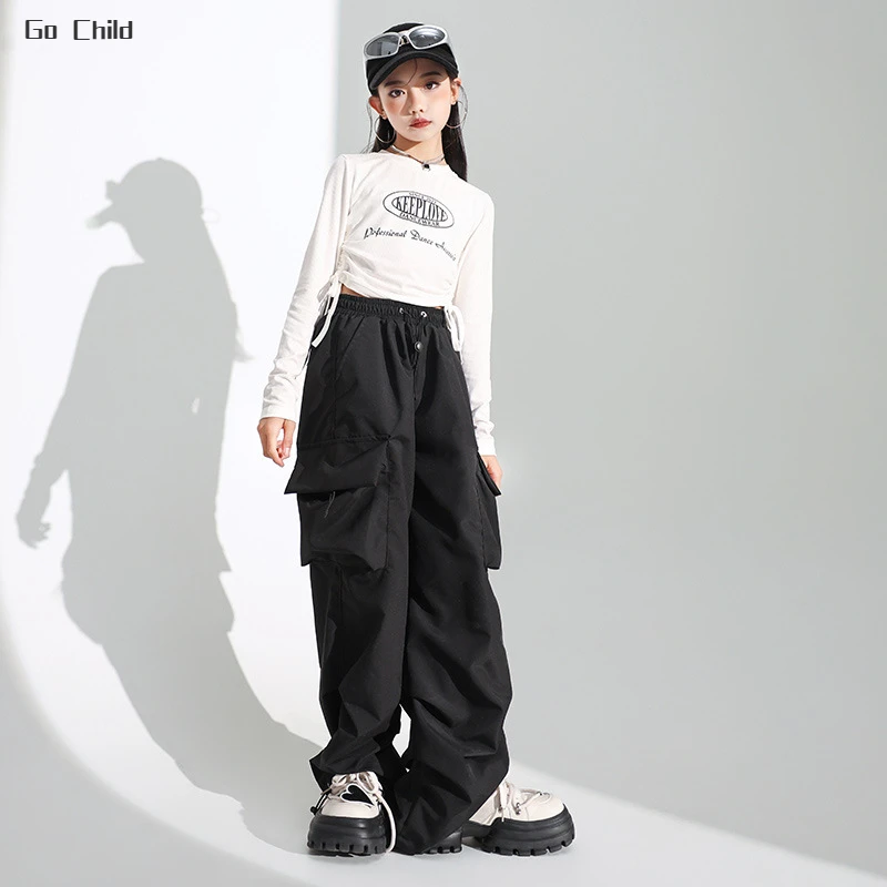 Girls Hip Hop Crop Top Loose Cargo Pants Clothes Sets Children Street Dance Solid Sweatshirt Kids Streetwear Jazz Stage Costumes