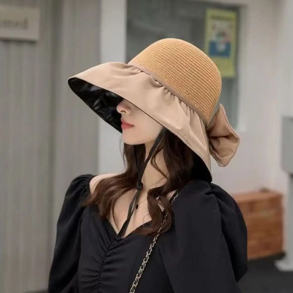 

Beach Foldable Bow Storage Bag Summer Solid Color UV Protection Large Brim Fisherman Hat Women Cap Bowknot Sun Hat Bucket Hat