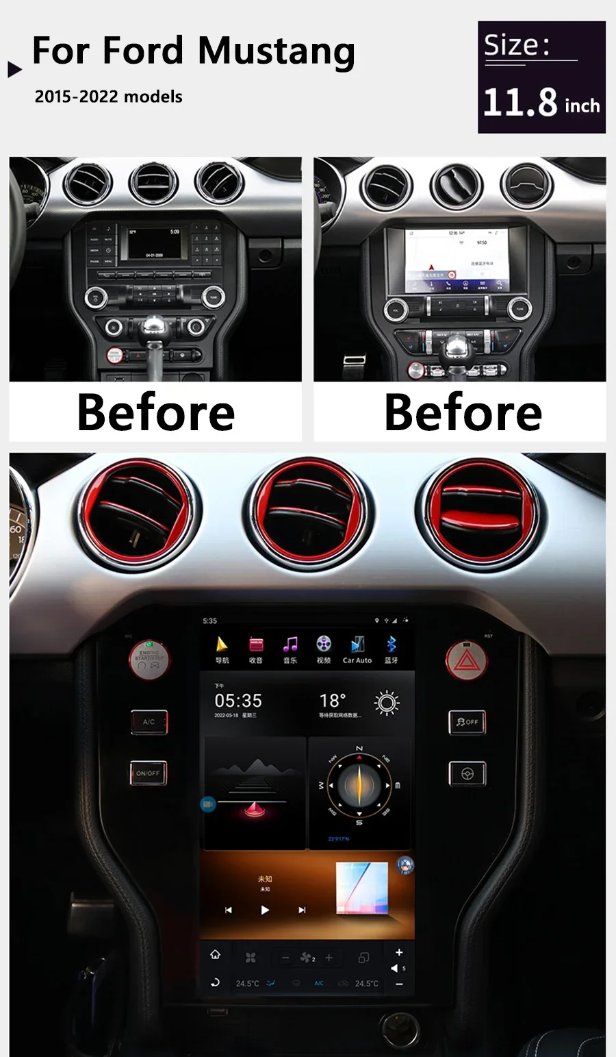 

14,5-дюймовый Android 15 мультимедийный экран для Ford Mustang GT 2015-2021, автомобильная магнитола, беспроводной CarPlay, Bluetooth, монитор для автомобиля