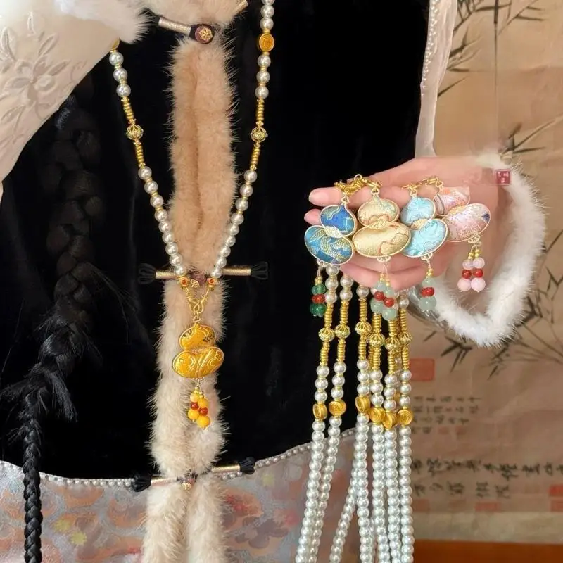 Advanced Song Brocade Gourd Necklace Beads Tassels Chinese Style Necklace Sweater Chain Alloy Pearl Long Sweater Chain