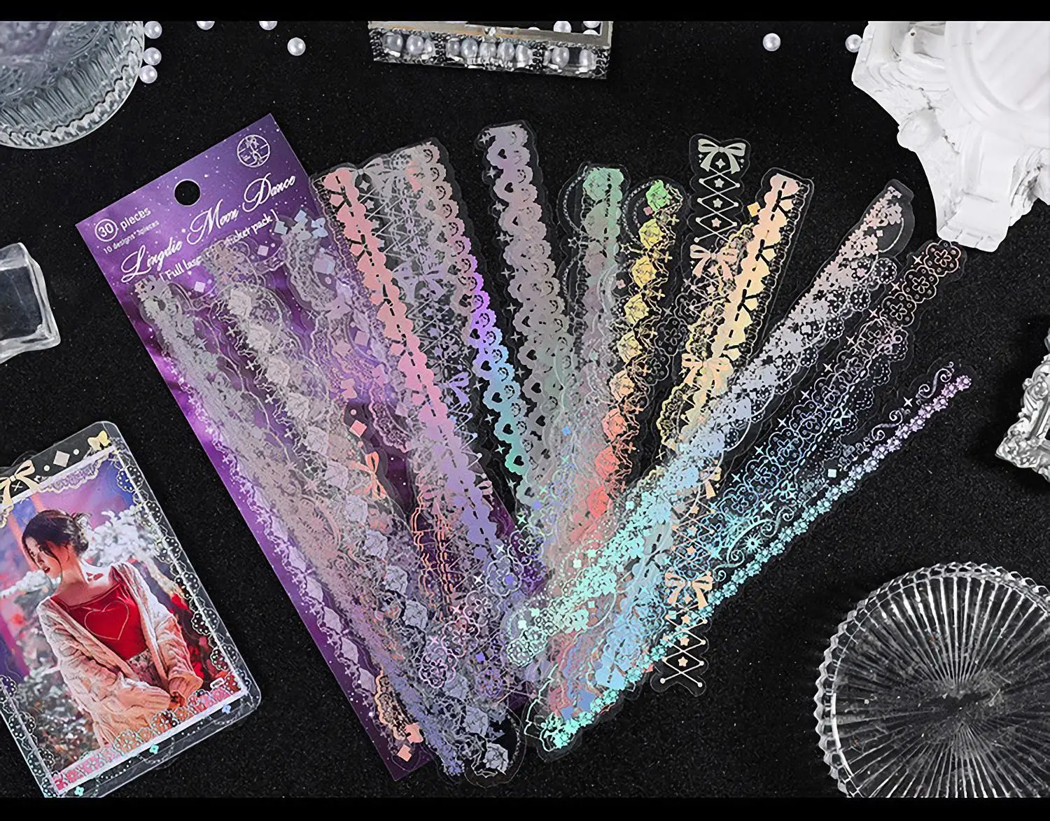 30 Sheets Korean Style Deco Sticker Pack - Cute & Stylish Holographic Foil Stamping Sticker for Kpop Toploader, Journals & More