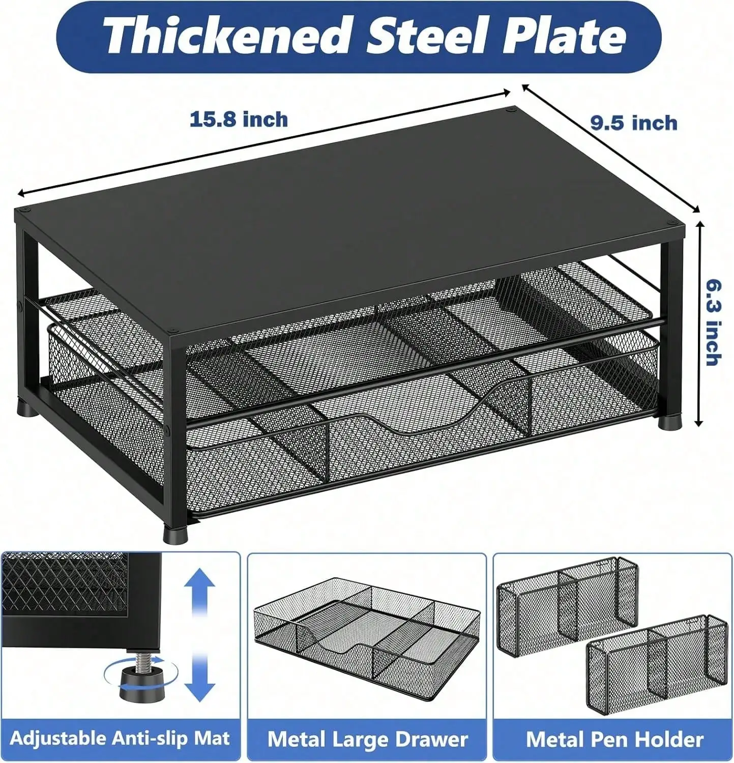 Desk Organizer And Accessories, 2-Tier Computer Monitor Stand Riser With Drawer And 2 Pen Holders, Laptop Stand, Office Desk Accessories For Office Supplies, Black.