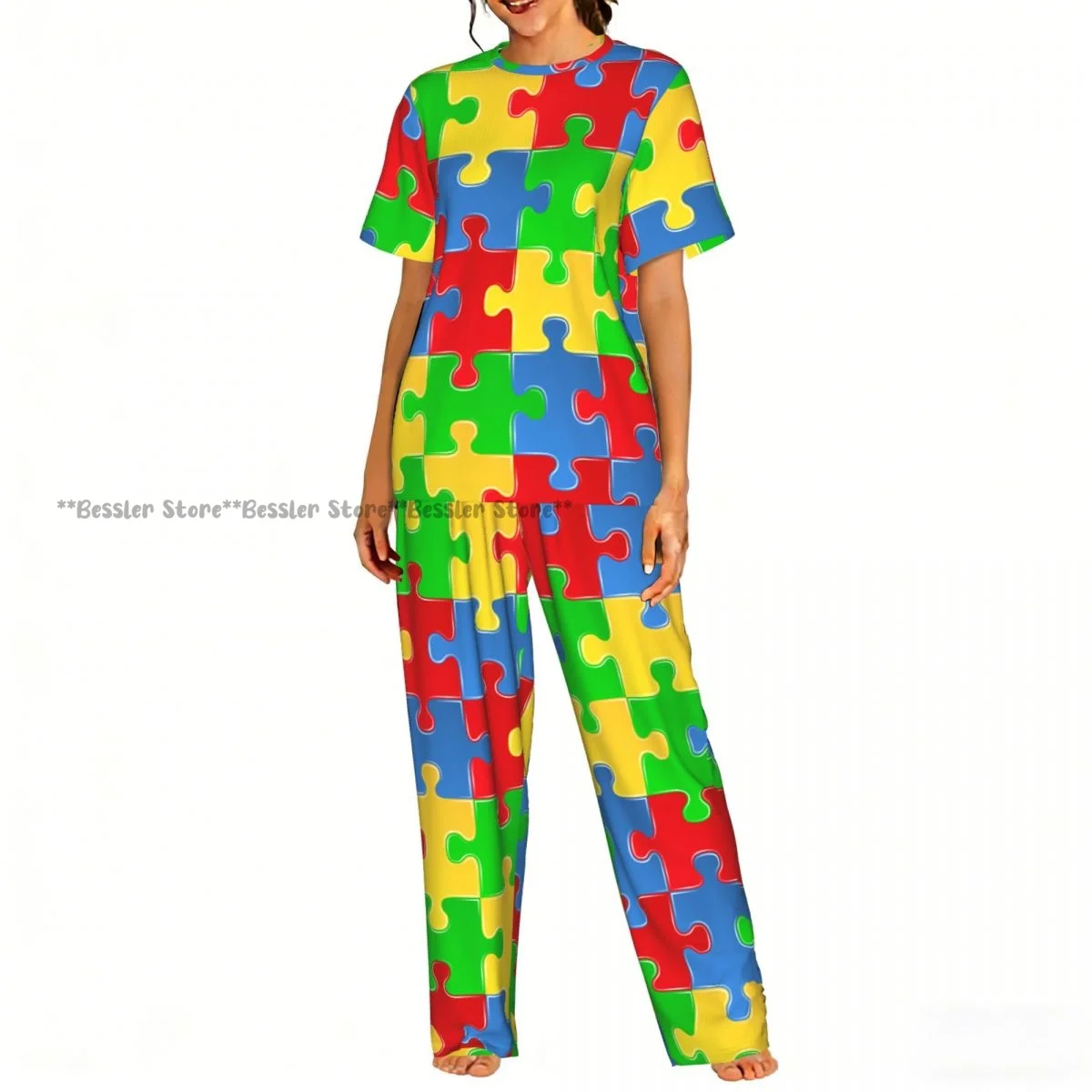 

Colorful Puzzle Background Pajamas Set Short-sleeved Women Home Clothing