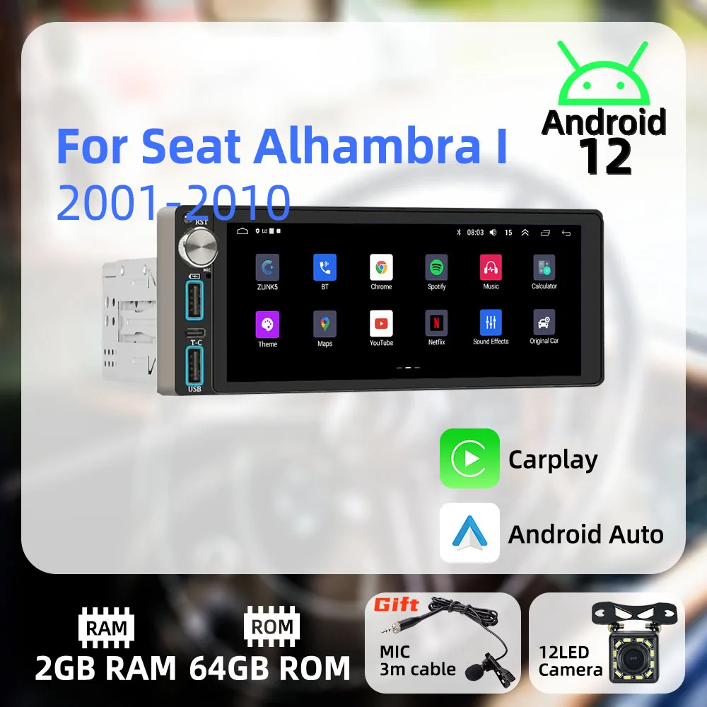

Wireless Carplay Autoradio 6.86" 1 Din Radio Android Car Multimedia for Seat Alhambra I 2001-2010 Stereo Head Unit GPS Autoradio