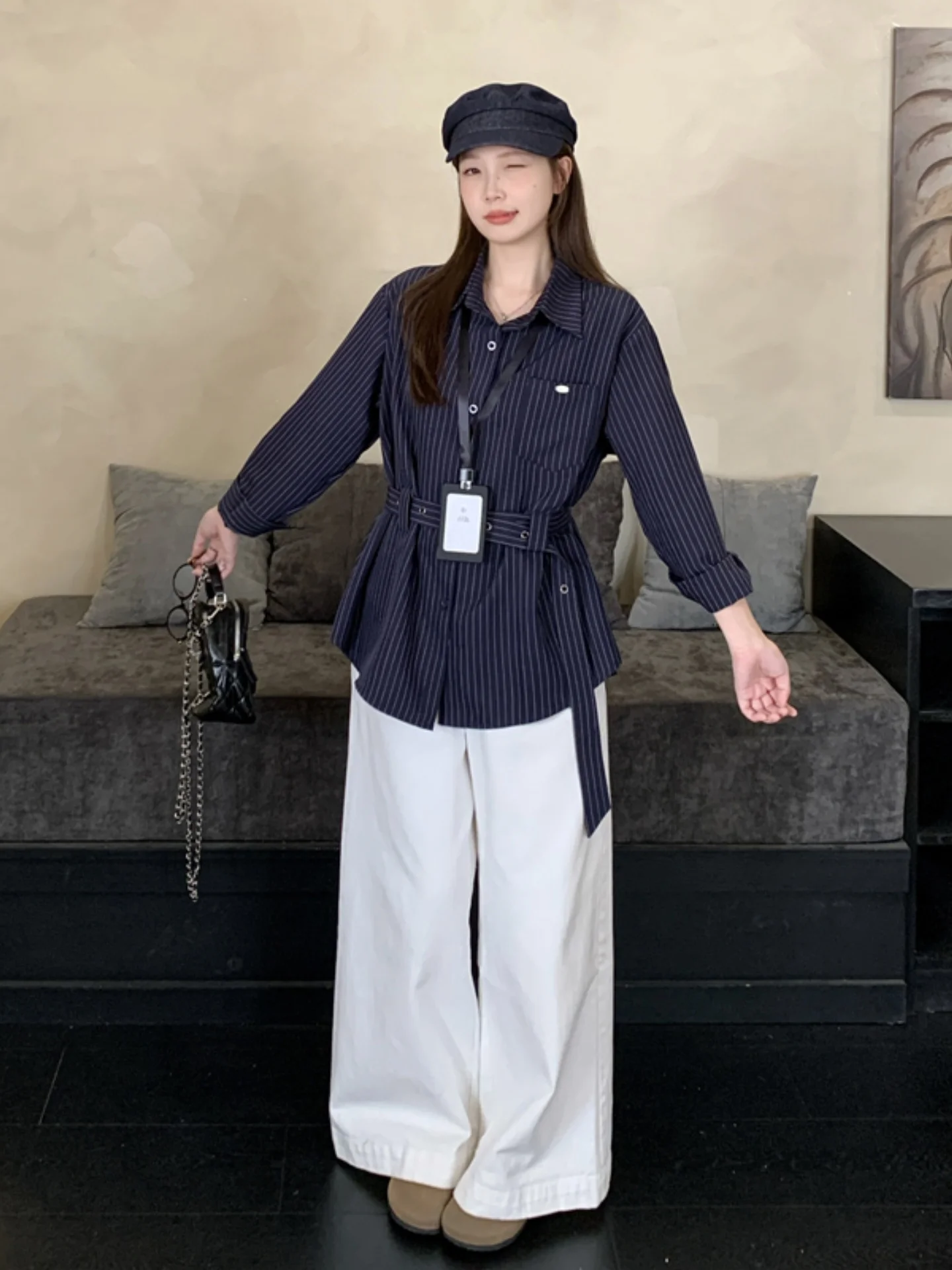 

Blue Striped Long Sleeve Base Shirt Women's Spring Autumn plus Size MM Slimming High Waist Belted Top Korean Style Straight Cut