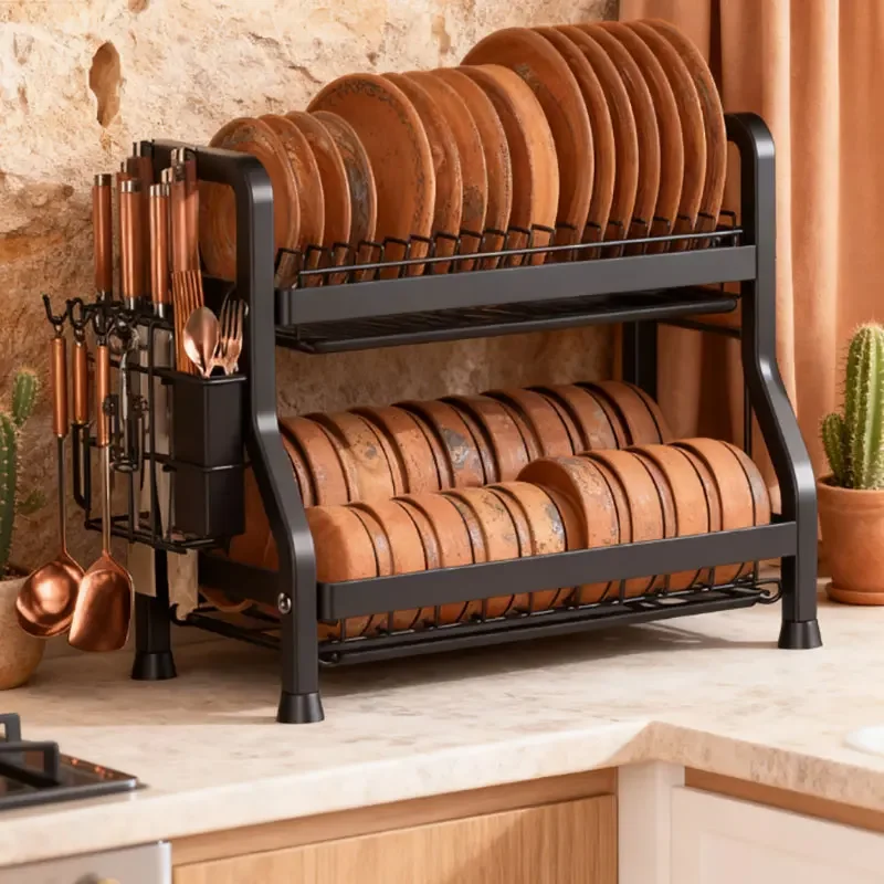 

Modern Double Tier Metal Kitchen Organizer Storage Holder Sink Rack Dish Drying Function Multifunctional Chopsticks Cleaning