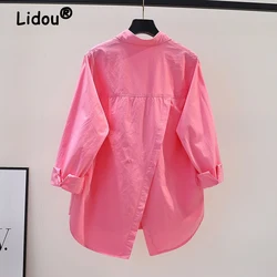 Women's Simple Casual Asymmetrical Oversized Cotton Button Up Tunic Shirts Solid Long Sleeve Streetwear Top Blouse Blusas Mujer