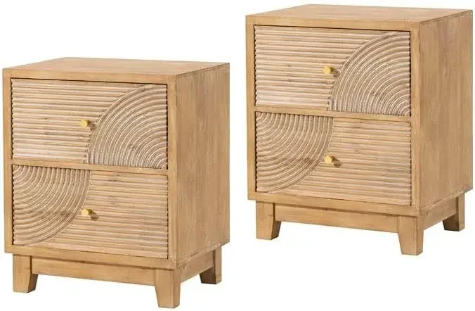 2-Drawer  Nightstand, Mid Century Nightstand Set of 2 Fully Assembled with Handcrafted Wood Ring Pattern