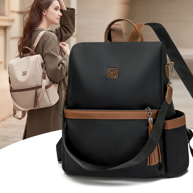 New Anti-theft Women Backpack with Tassel Waterproof Nylon Daypack Color Block Casual Travel Shoulder Bag Ladies Daily Rucksack