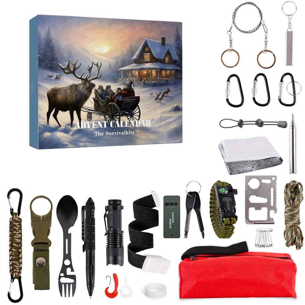 Survival Kit Advent Calendar 2024 Christmas Countdown Calendar 24 in 1 Survival Tools Advent Calendar for Men Teenagers Boys