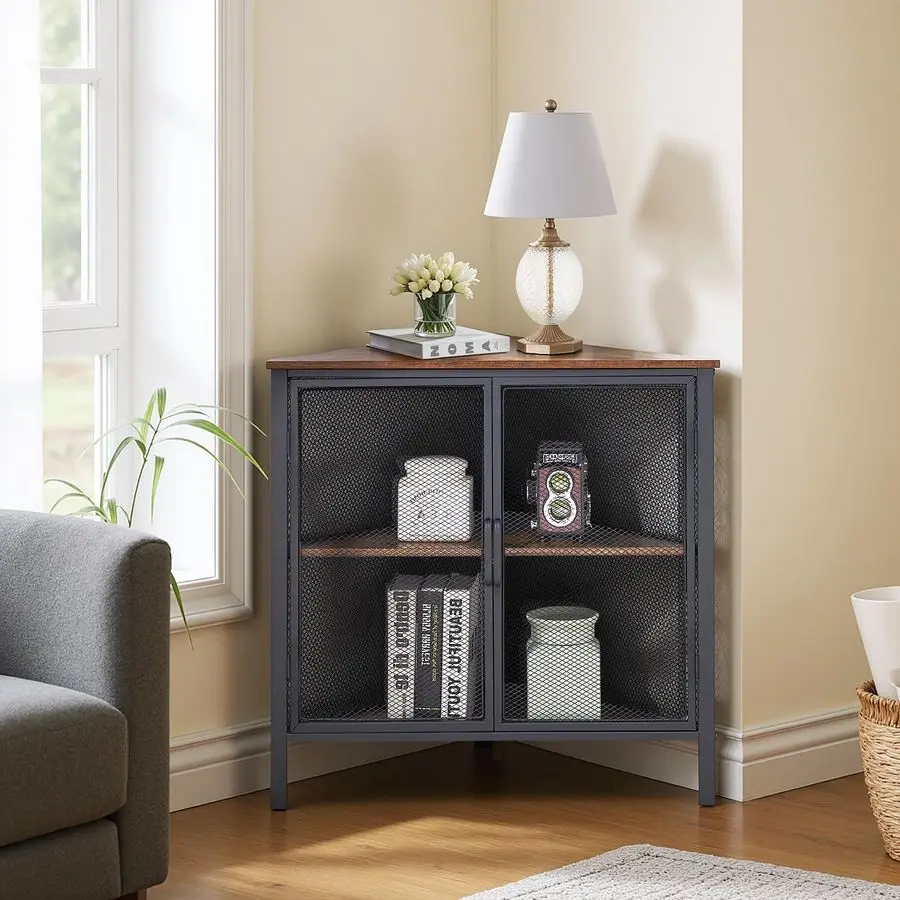 

3Tier Corner Table,Cabinet with Mesh Door,Corner Shelf Stand,Metal Frame Storage Shelf Organizer Display Shelves for Bedroom,Wa