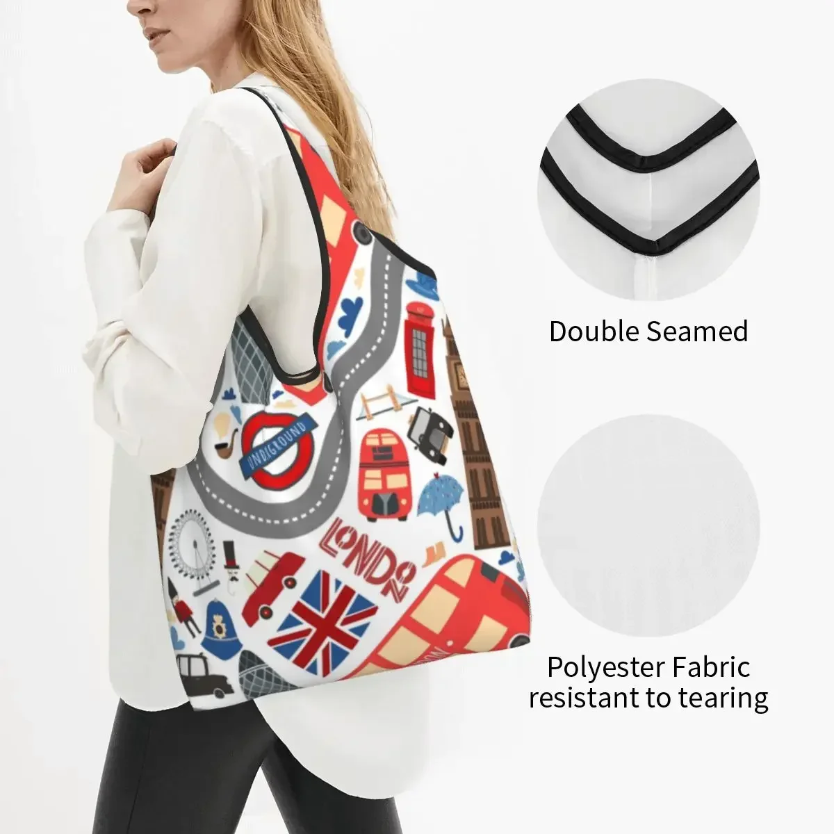 Cute London Doodles Pattern Shopping Tote Bag Portable British Flag Red Bus Grocery Shoulder Shopper Bag