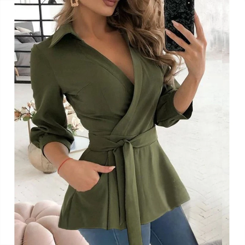 Autumn Elegant Fashion Chic New Shirt Women Solid Color Irregular Three Quarter Sleeve V Neck Pocket Solid Color Drawstring Top