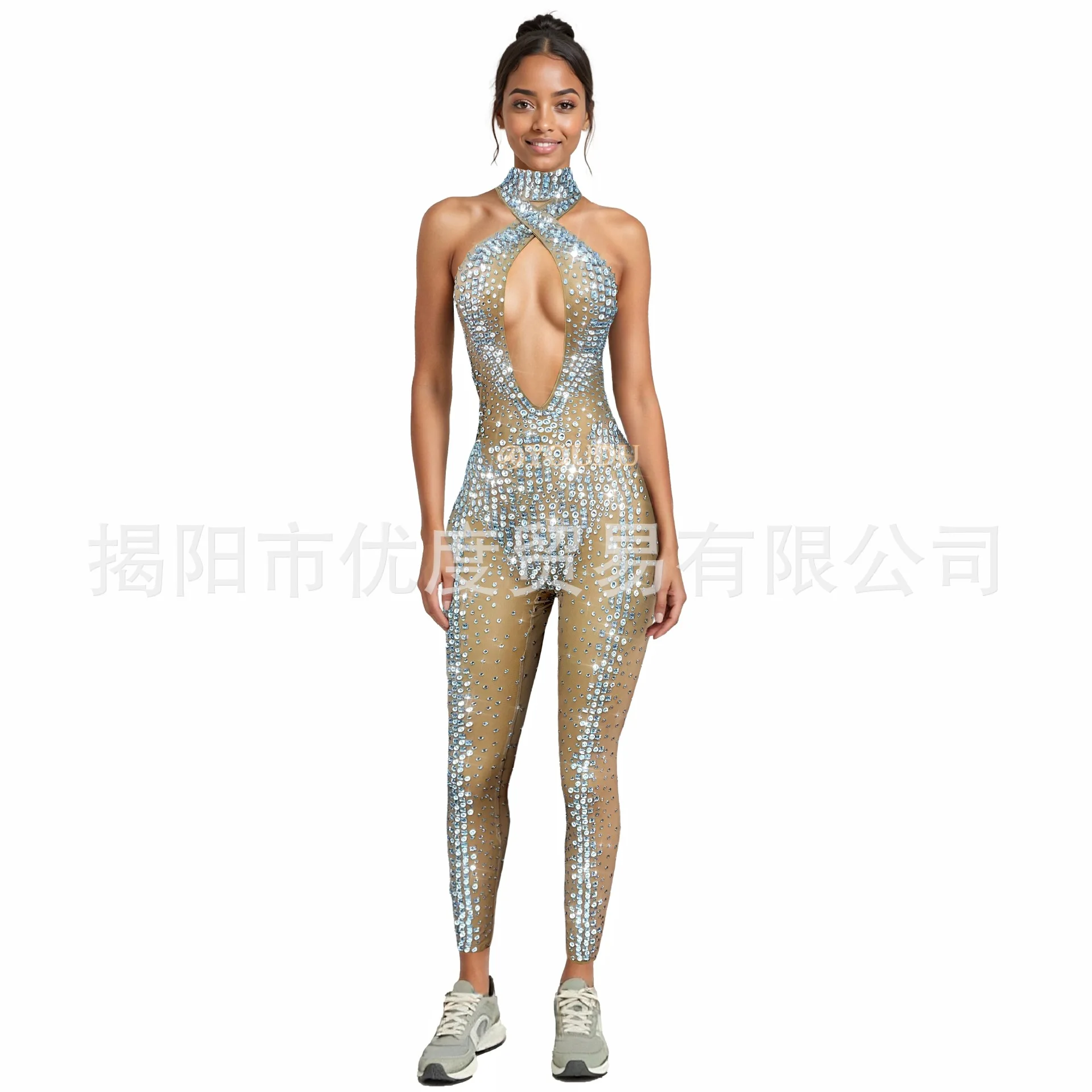 Neck Hollow Chest Rhinestone Jumpsuit Singer Dance Suit Bling Crystal Birthday Party Cross Pants Vestido De Fiesta De Graduación