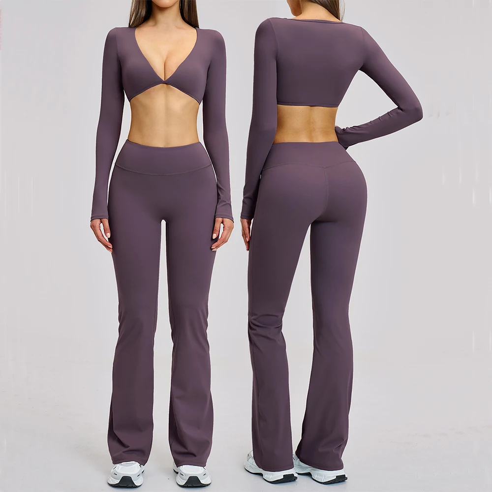 

Yoga Set 2PCS Women Outfits Sportswear Workout Clothes Athletic Wear Gym Legging Fitness Bra Crop Top Long Sleeve Sports Suits