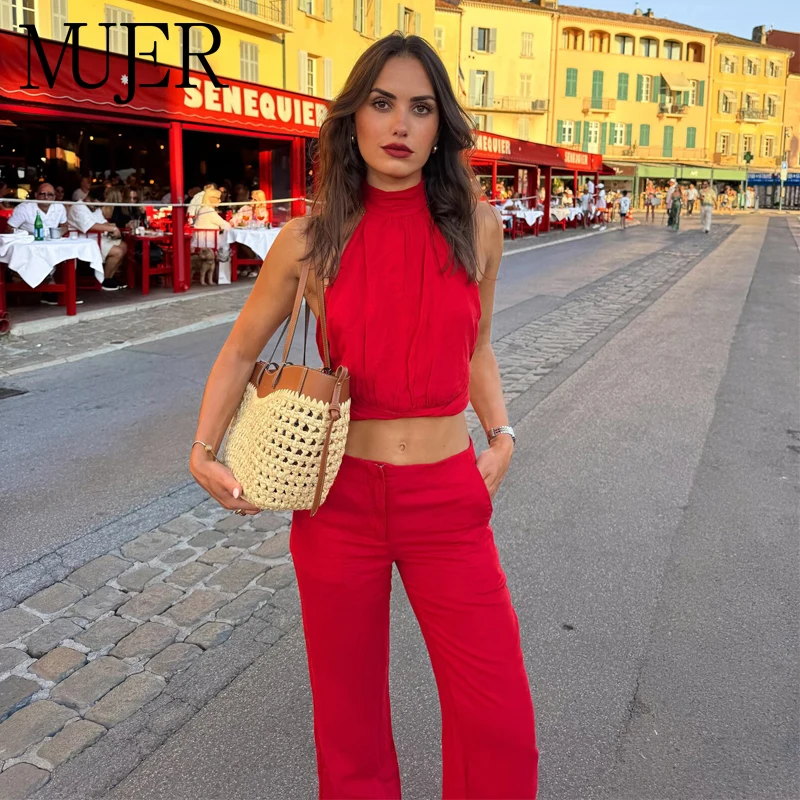 MUJER Rotes Neckholder-Crop-Top für Damen, schulterfreies, rückenfreies Oberteil für Frauen, sexy gerafftes ärmelloses Top, Damen-Camisole, Sommer-Strand-Top