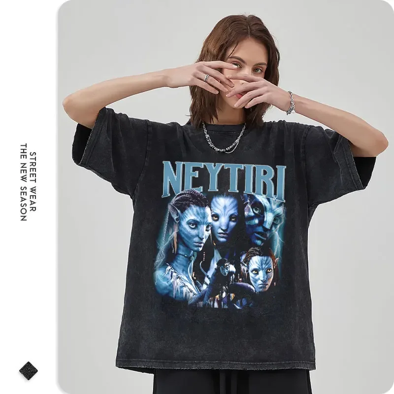 Movie Avataarr T-shirt Vintage Washed Neytiri Neteyam Sully T Shirt Streetwear Manga Short Sleeve Casual Tops Tees