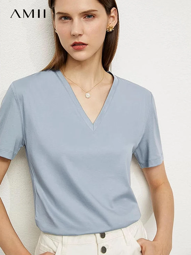 Amii Minimalism 2024 Women Tops Summer New Solid V-neck Short Sleeve Cotton Casual Basics Fashion T-shirts for Women 12422141