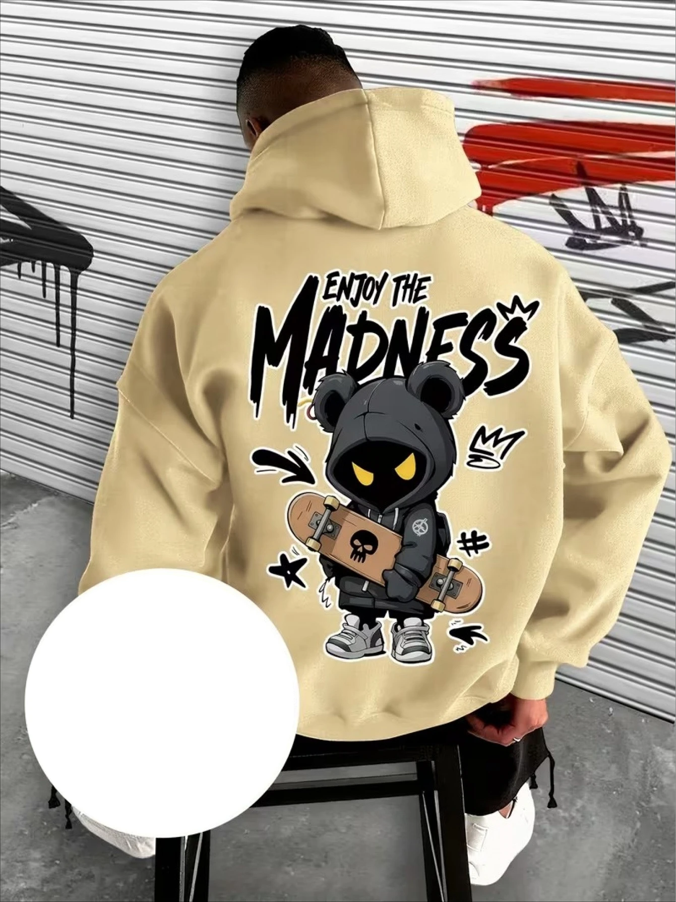 Street Bear Graffiti City Skateboard Culture Print Men Hooded Sweatshirt Autumn Winter Daily Outdoor Sports Loose Street Style
