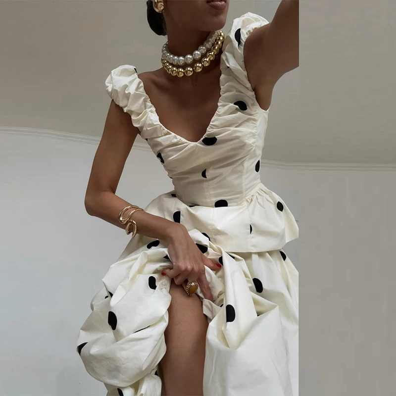 

Elegant Ruffled Top+Floral Bud Skirt 2pc Set Sexy V-Neck Backless Slim Outfit Trendy Pocar Polka Dot Off Shoulder Vacation Suit