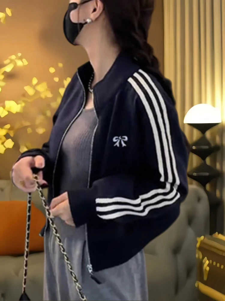 

Женский повседневный кардиган на молнии с длинным рукавом, вязаный свитер с воротником-стойкой, в полоску, весна-осень, свободный крой, высококачественный материал