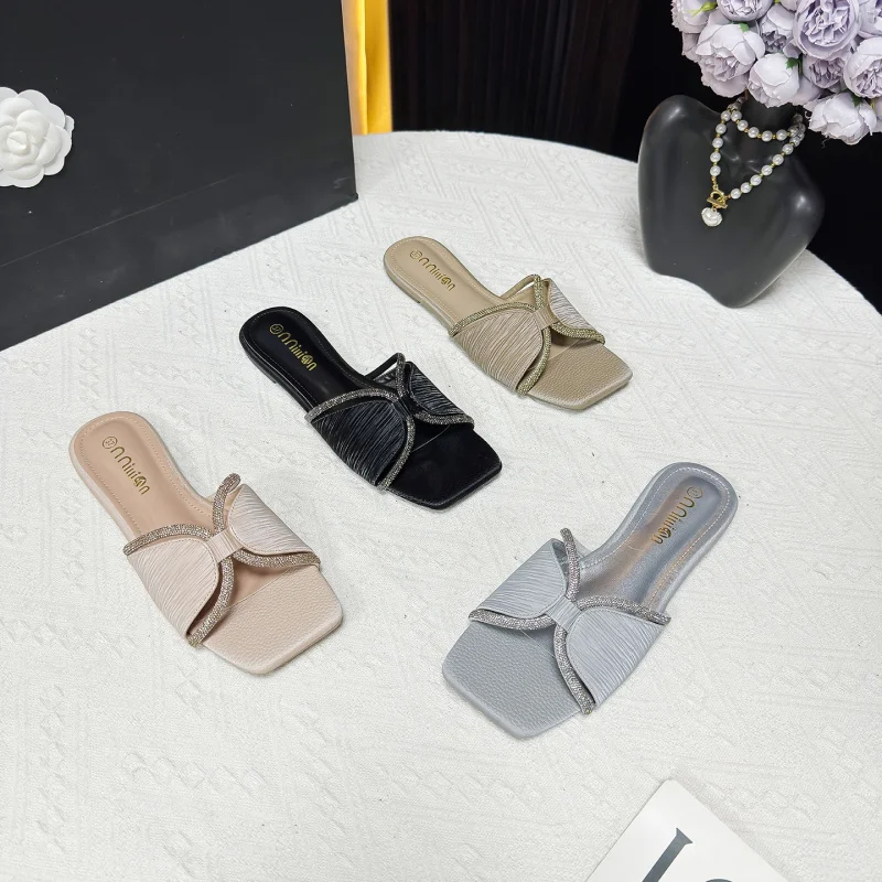 

2025 Summer New Flat Women's Slippers One-Strap Fairy Style African Women's Sandals Soft Sole Square Toe Versatile