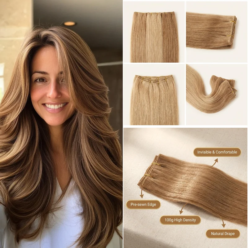 

100% Human Virgin Hair Super Genius Weft 20inch 100g #1B #613 Pre Stitched Hair Weft High Density & Volume Boost For Salon