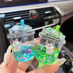 Liquid Oil Luminous Ice Cube Shape Keychain Cute Floating Quicksand Rabbit Keyring Women Girl Bag Pendant Key Chain Gifts