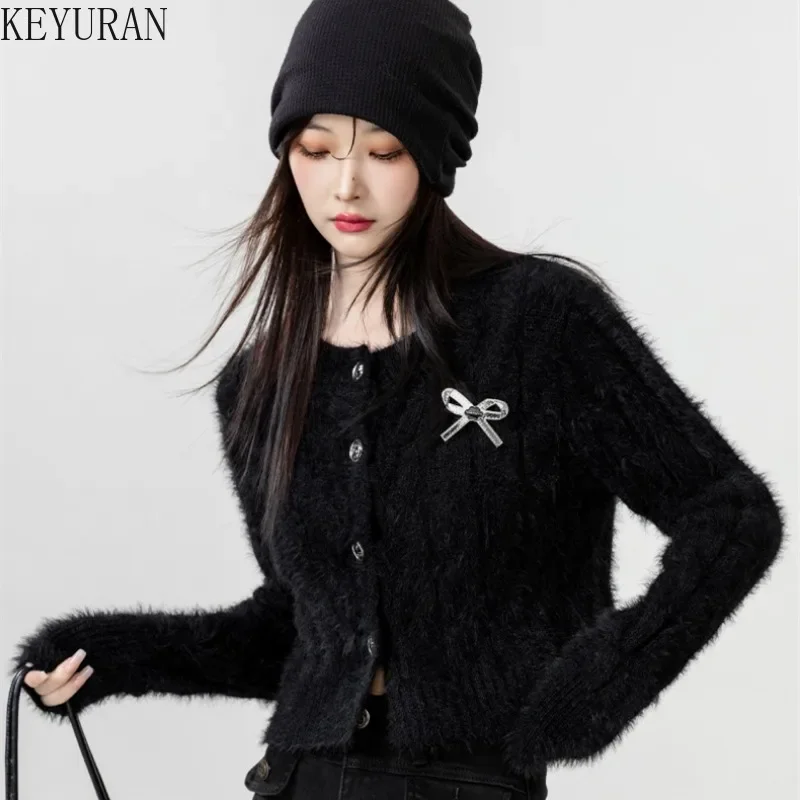 2024 Autumn Winter New Black Mohair Sweater Coat Women\'s Korean Fashion O-Neck Long Sleeve Bow Knitted Cardigan Cropped Tops