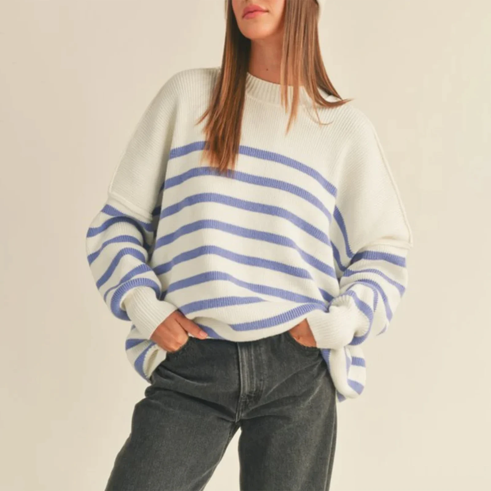 Women's y2kAesthetic Striped Sweater Drop Shoulder Long Sleeve Round Neck Slit Hem Casual Loose Warm Knitted Top