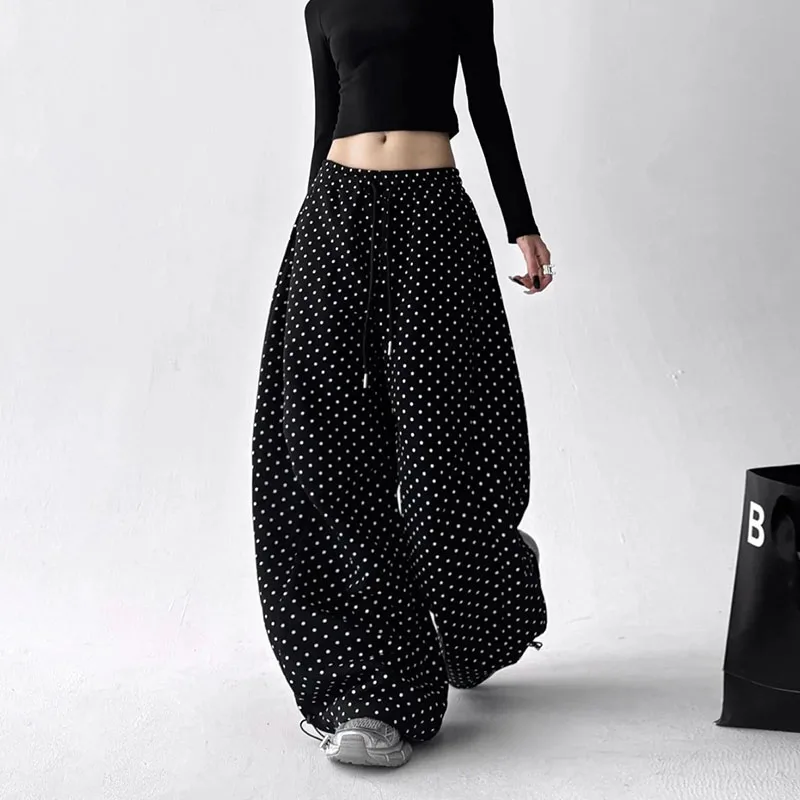 

Polka Dots Wide Leg Pants Women Fall Y2K Streetwear High Waist Drawstring Trouser Harajuku Hip Hop Korean Casual Straight Pants