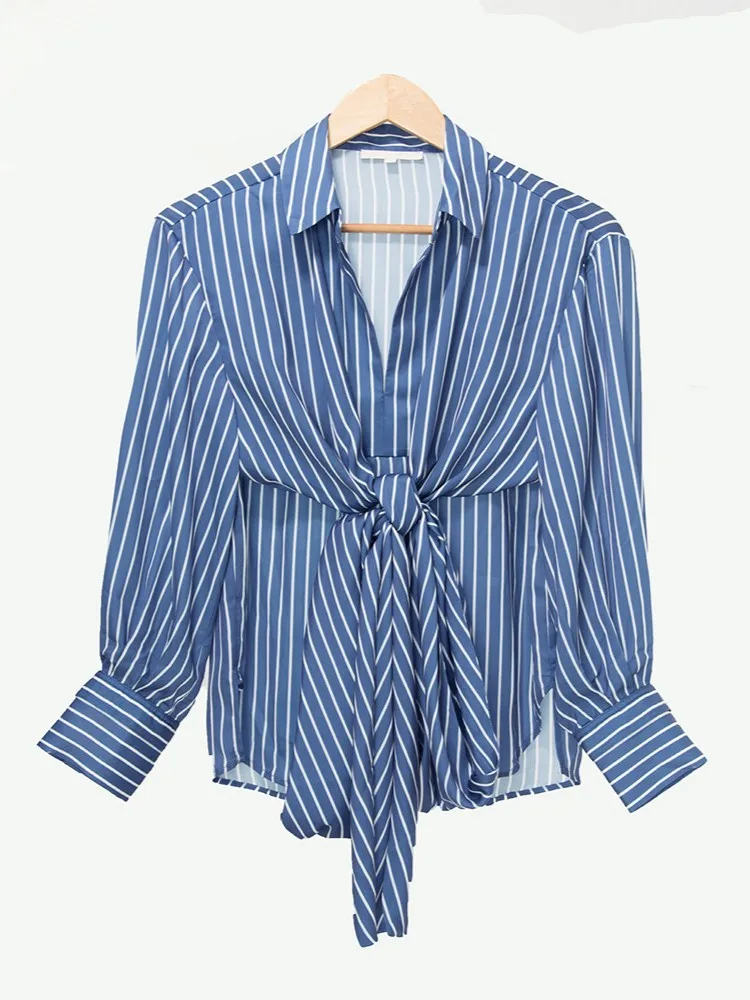 Damesblouse Met Veters Blauw Gestreepte Turn-Down Kraag Losse Damesshirt Met Lange Mouwen