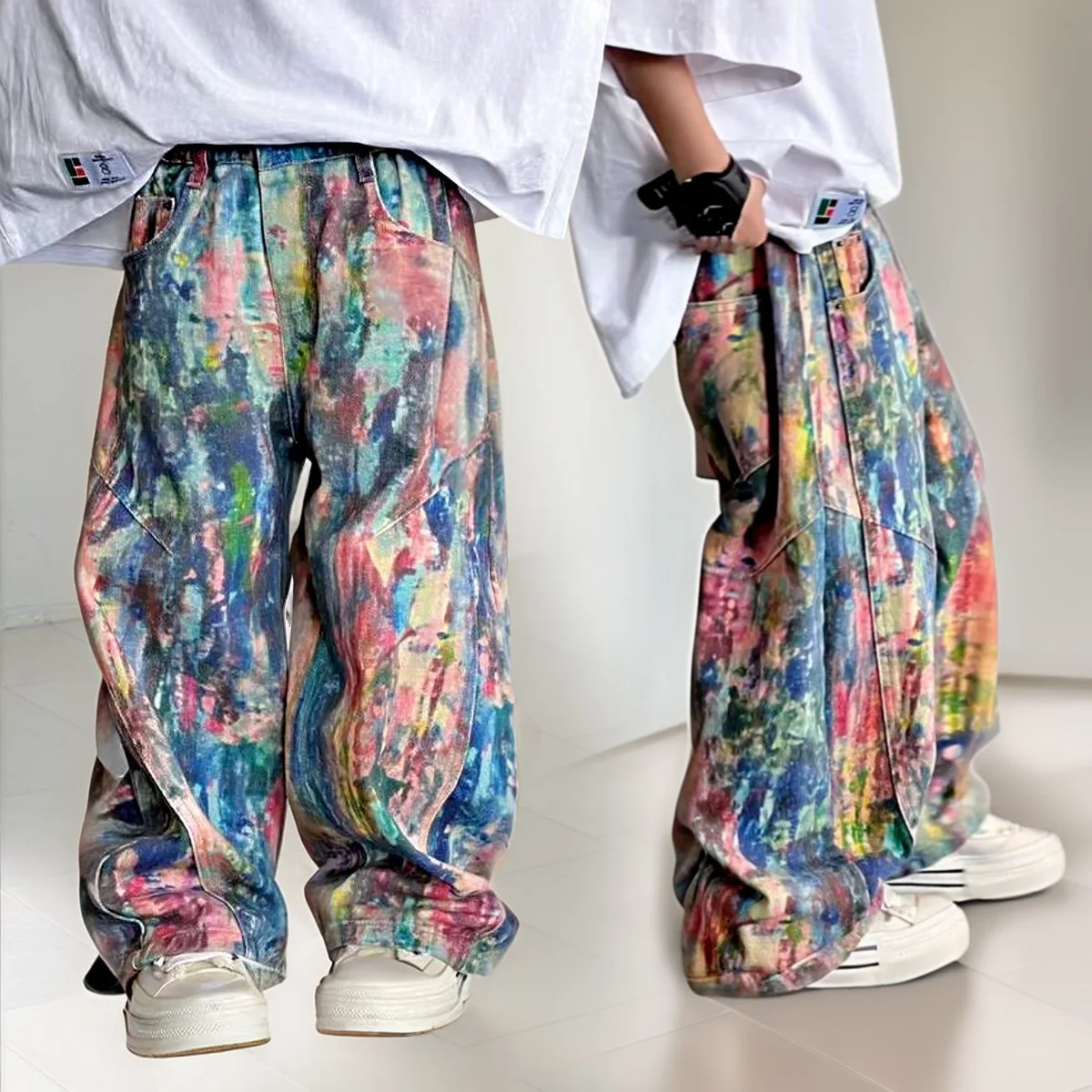 Street Style Kids Painting Baggy Jeans For Boys Fashion Hip Hop Printed Oil Denim Pants Teenage Child Streetwear Jeans Trousers