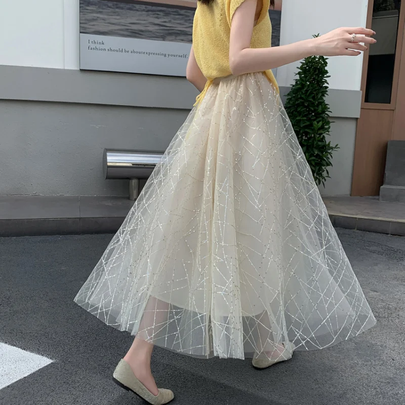 

Mesh Sequin for Women Spring Summer New A-Line Flared Skirt