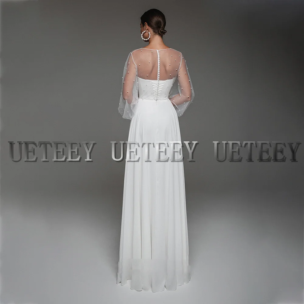 Customized Modern Wedding Dresses Puffy Tulle Sleeves With Pearls Chiffon A-Line Bride Gowns Wedding Party Gown Side Slit