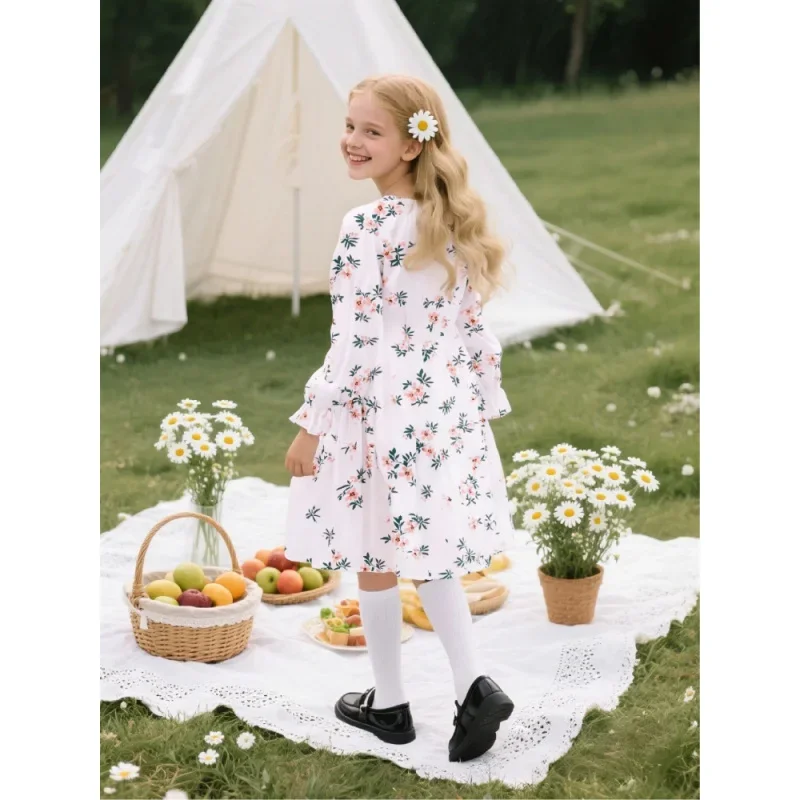 2025 New Product! Girls' Fresh Floral - Printed Long - sleeved Dress, Cute Style with Rear Collar Water - Drop Details