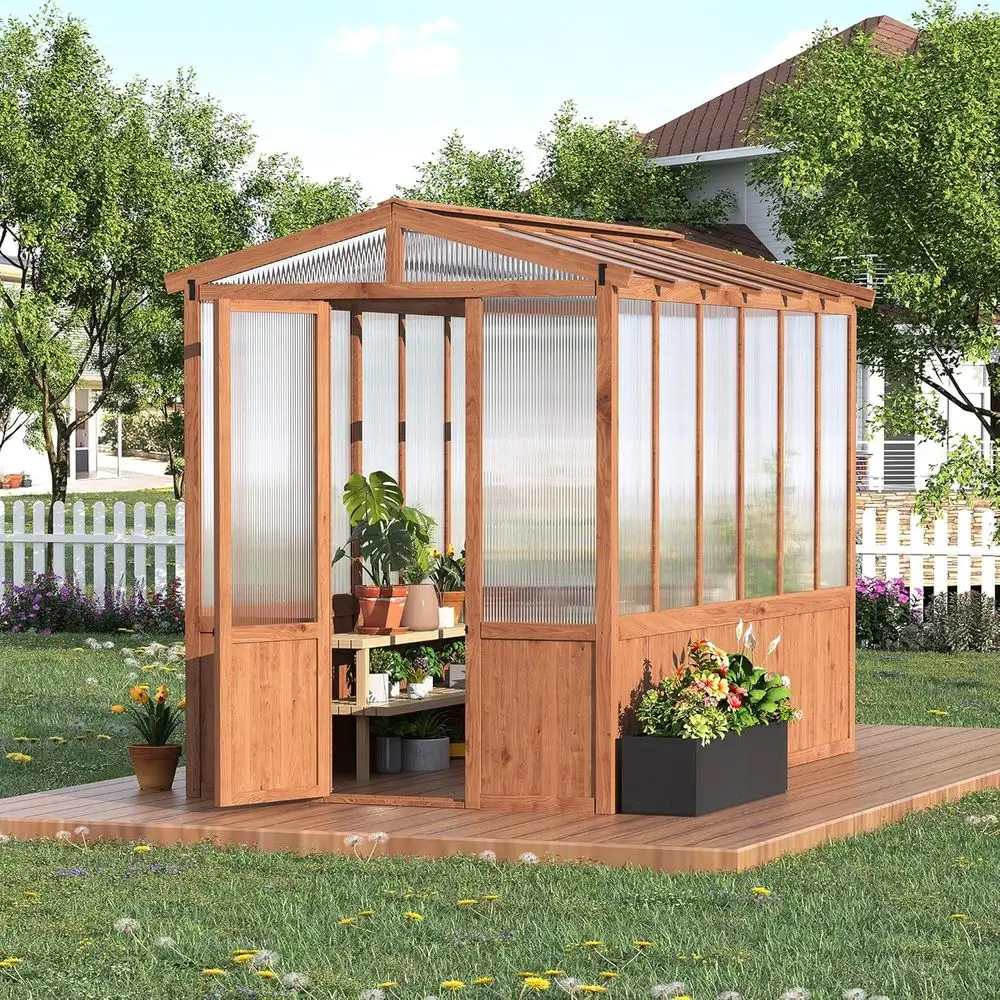 

6x10ft Large Walk-in Wooden Greenhouse with Roof Vent and Polycarbonate Cover