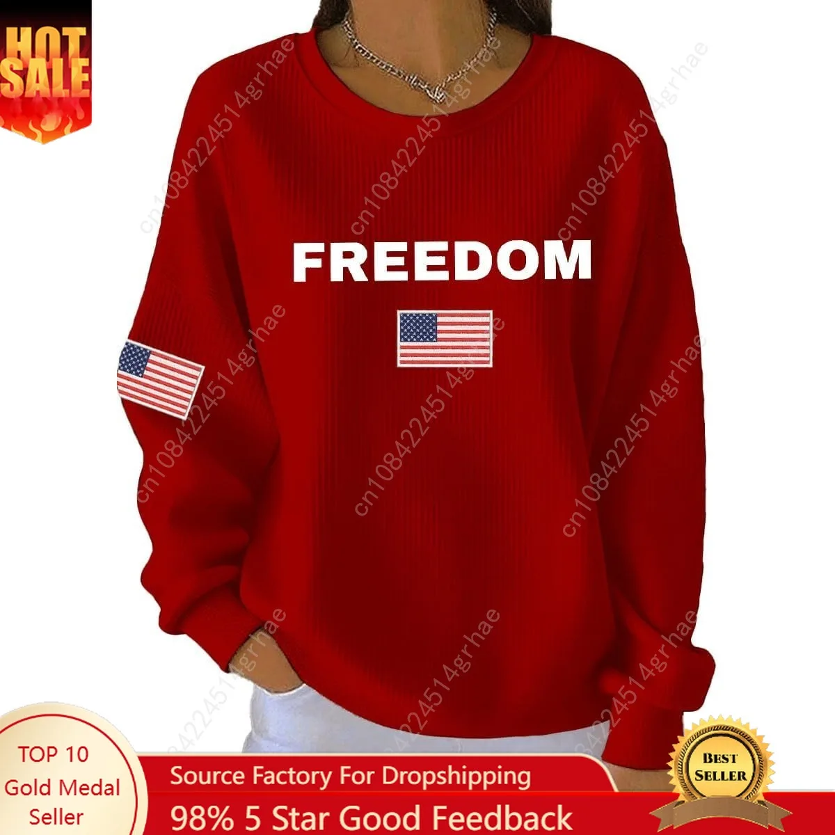 

Women's Freedom American Falg Print Round Neck Sweatshirt a True Patriot Shirt Long Sleeve