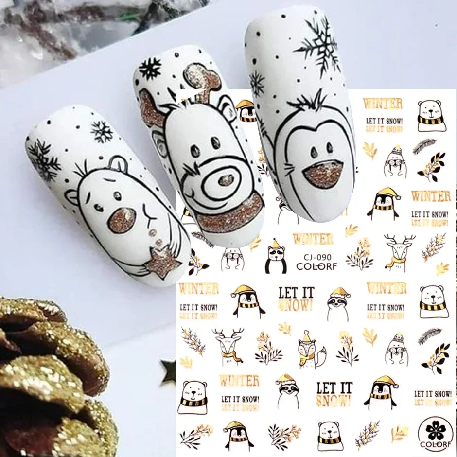 Holographic Christmas Winter 3D Snowflakes Stickers for Nails Art Design 2023 New Year Countdown Clock Gold Black Manicure Decal