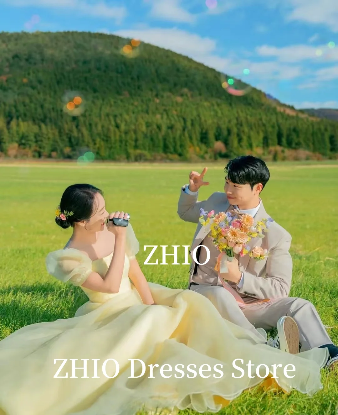 ZHIO Abito da sposa giallo A-Line Lunghezza pavimento Illusion Maniche corte a sbuffo Abito da sposa Servizio fotografico coreano Personalizzato Elegante
